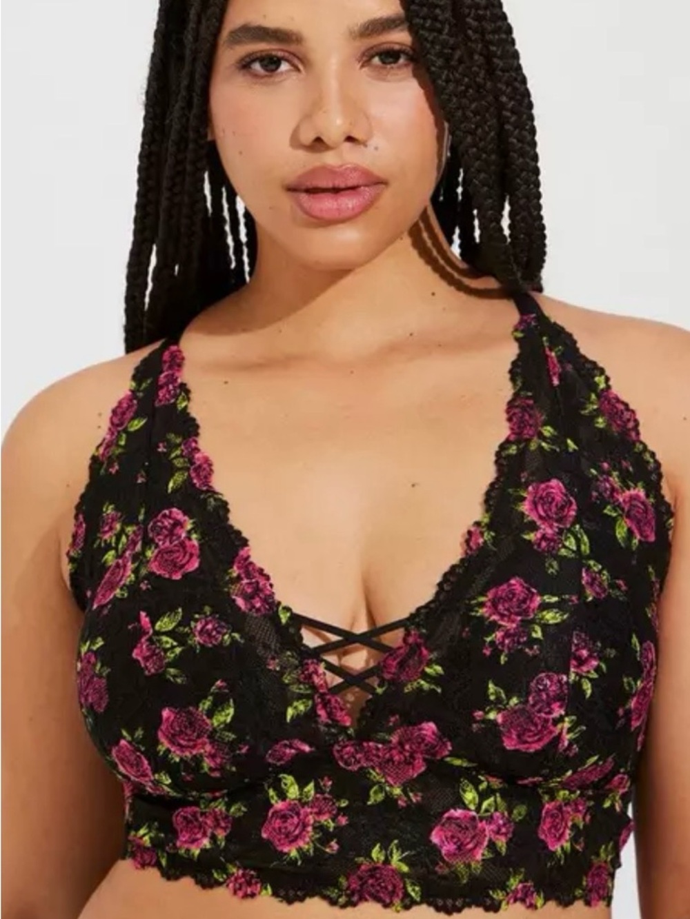 Torrid Black Lace Bralette with Neon Pink & Lime Floral Accents
